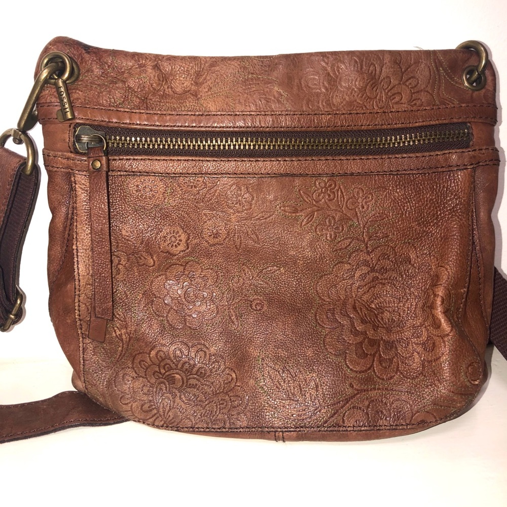 Fossil Rose embroidered leather crossbody bag